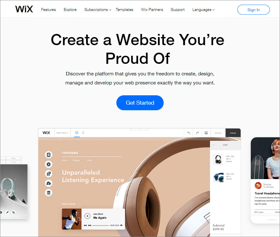 screenshot of Wix website