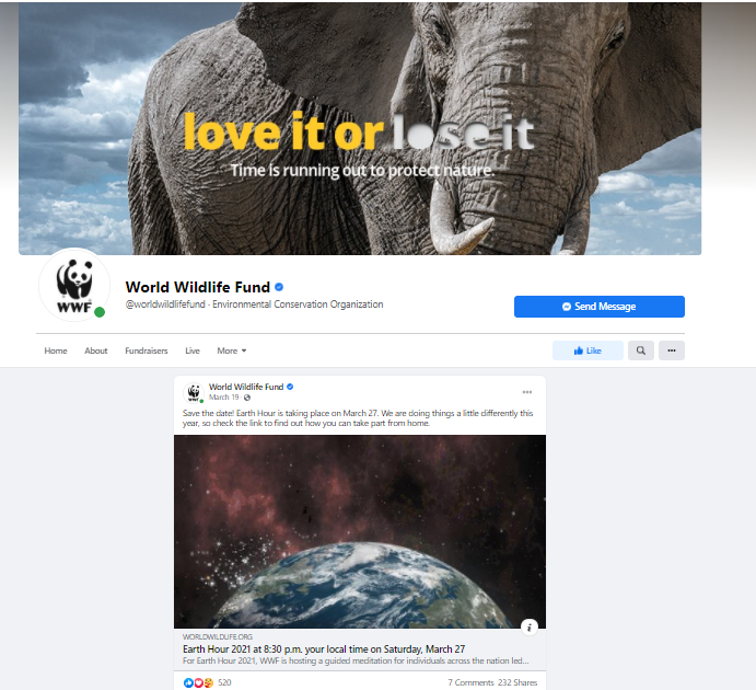 screenshot of World Wildlife Fund's Facebook page