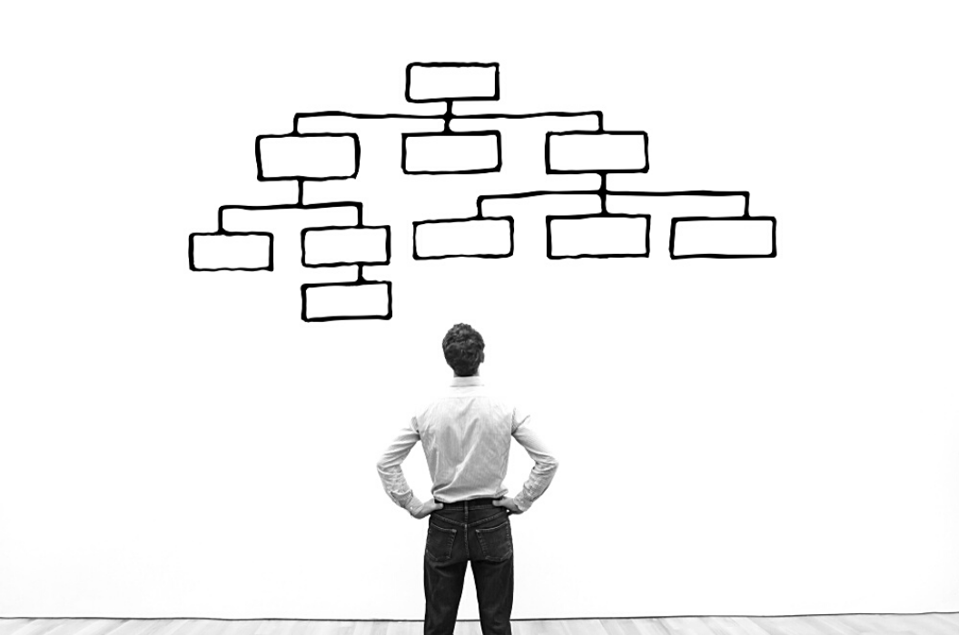 Man standing in front of an organization chart