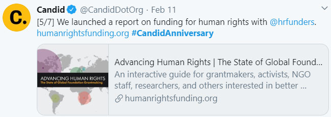 Tweet by Candid, [5/7] We launched a report on funding for human rights with @hrfunders . http://humanrightsfunding.org #CandidAnniversary