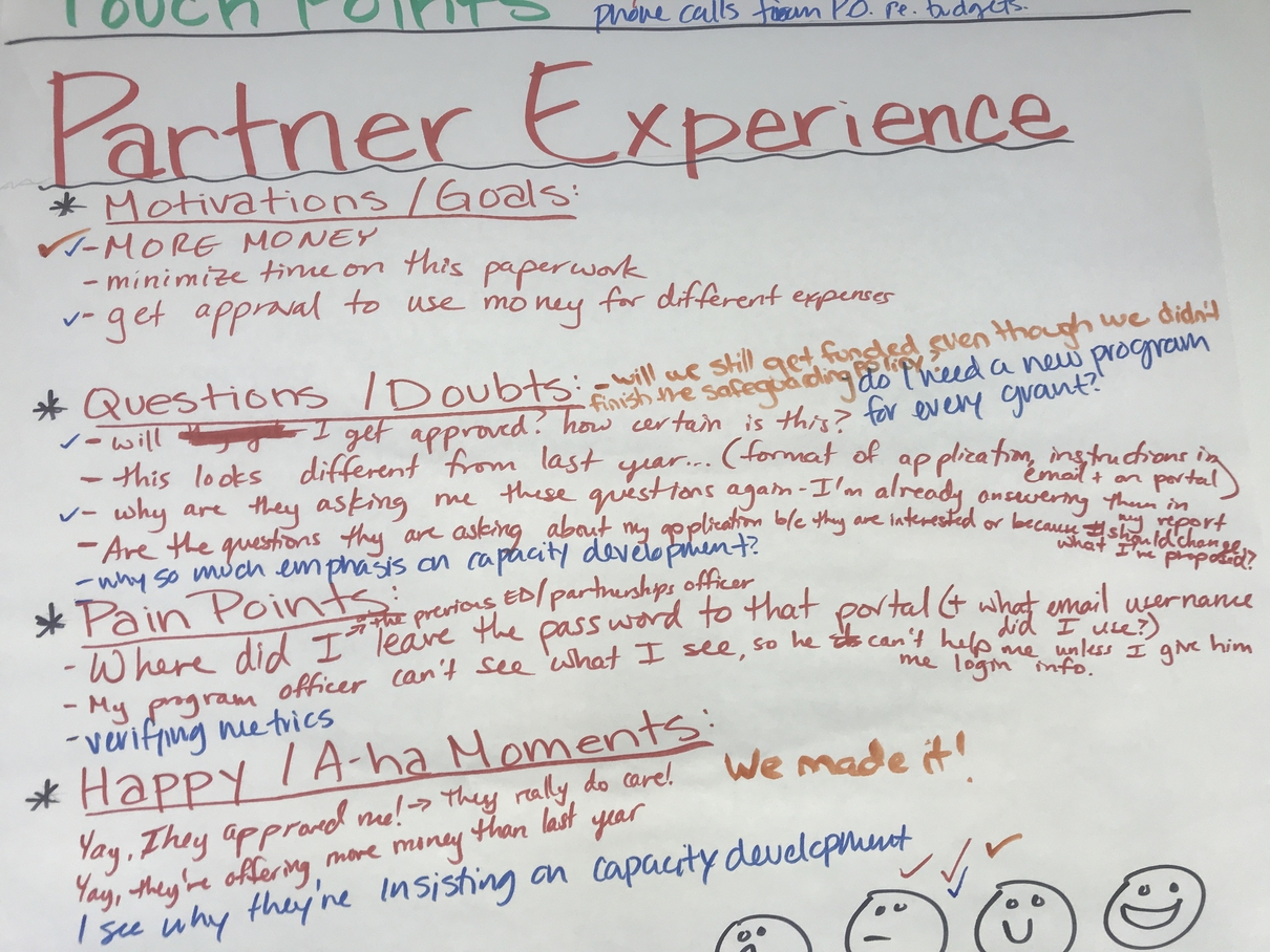 Partner Experience: Motivations/goals, questions/doubts, pain points, happy/a-ha moments