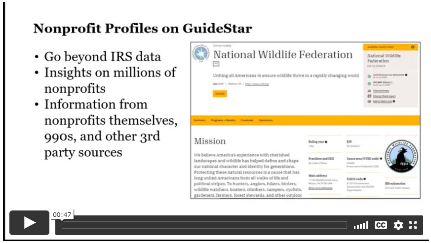 Text Nonprofit Profiles on GuideStar and bullet points beside a screenshot of the National Wildlife Federation's profile.