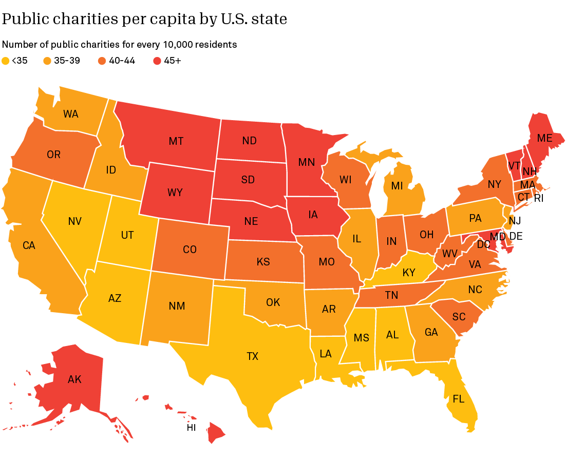 Heat map of the United States showing number of charities per capita by state