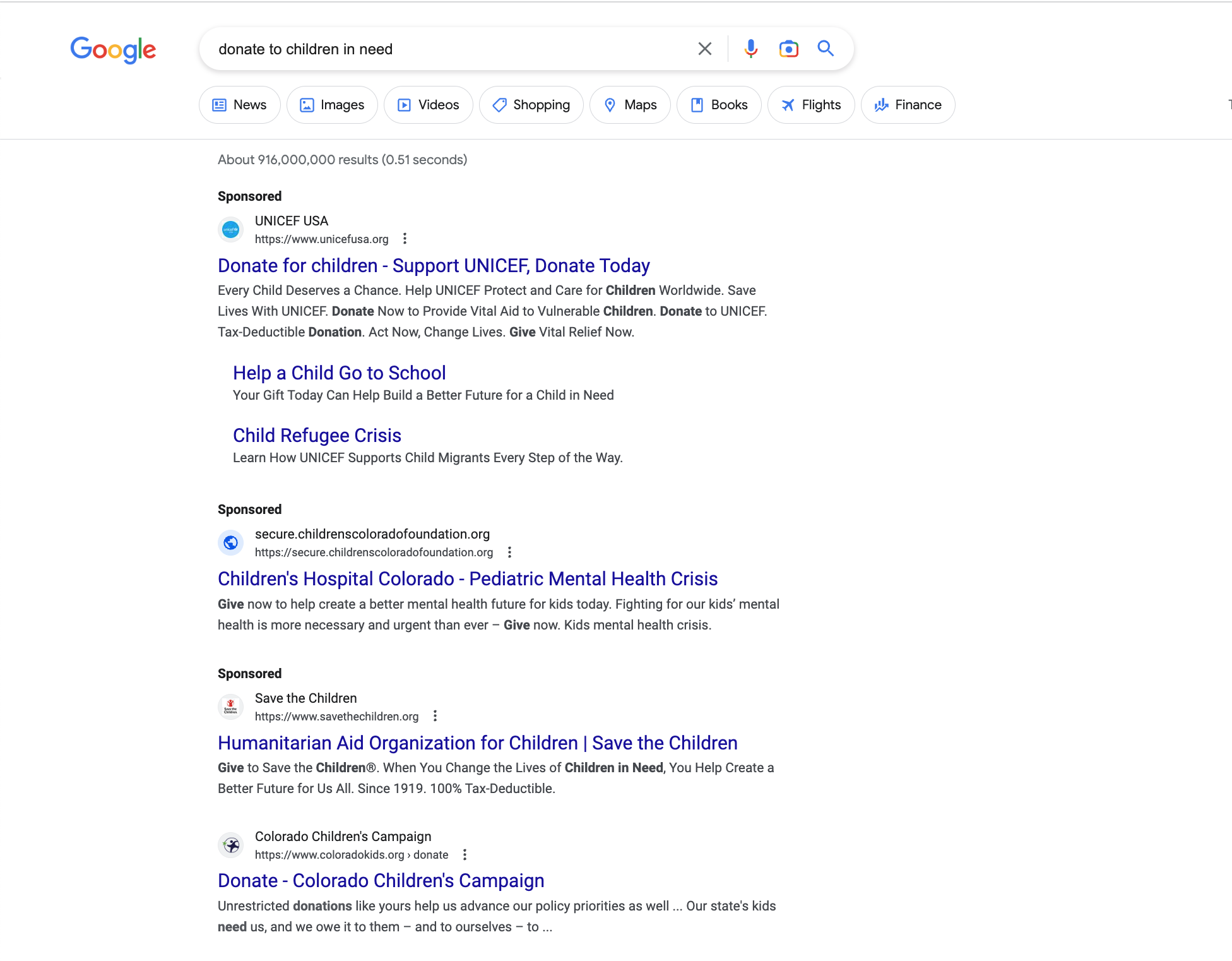 An example of sponsored and organic search results to illustrate how a Google Ad Grant works