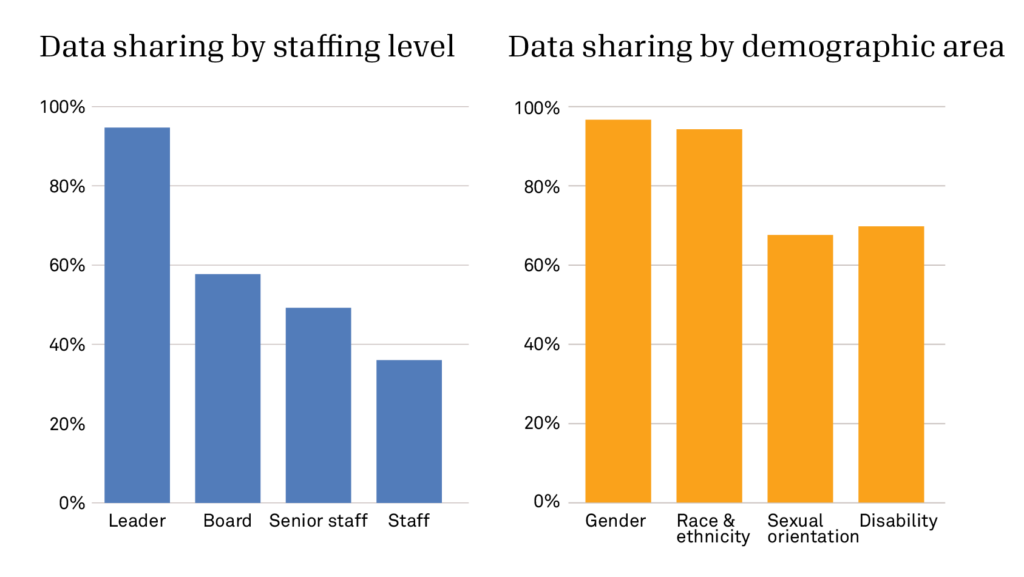 Two bar charts - one on data sharing by staffing level and one on data sharing by demographic area. Data sharing by staffing level has leader over 90% and all other staff under 60%. Gender and race & ethnicity are around 90% for data sharing by demographic area.